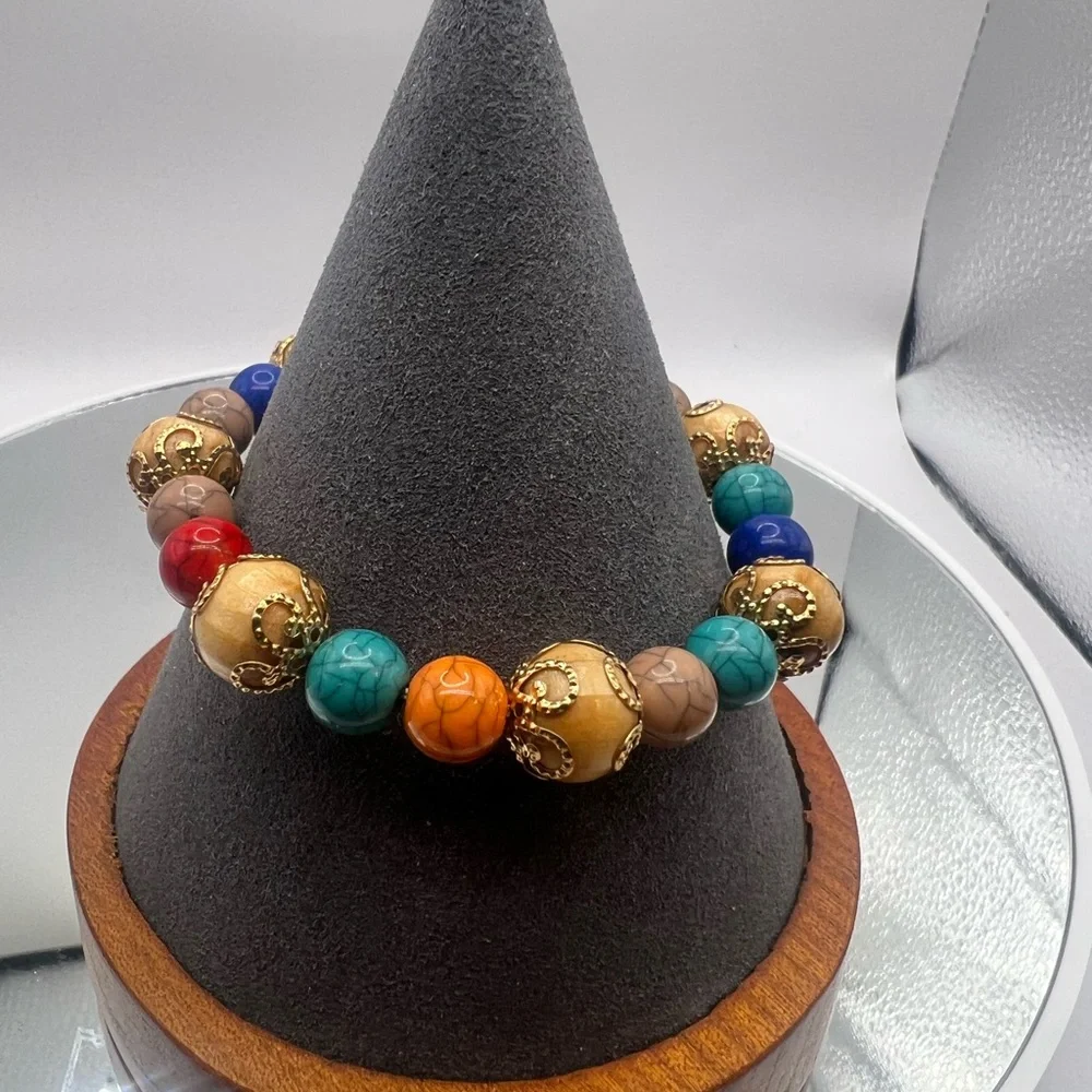 Brand New Chakra Healing Bracelet Gold Filigree Wood Beads Boho
